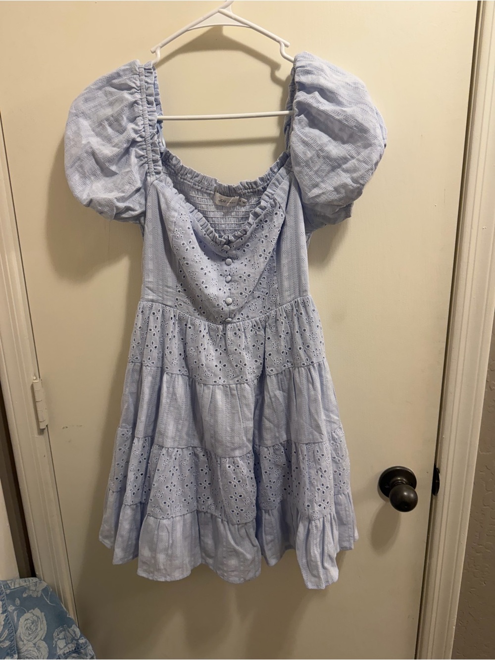 All in favor Light Blue Eyelet Tiered Puff-Sleeve Kids Dress